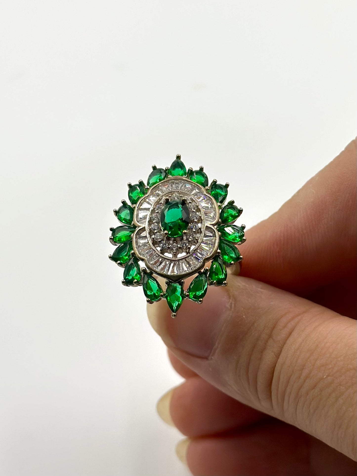 Zircon and stone studded, flower shaped sterling silver cocktail ring