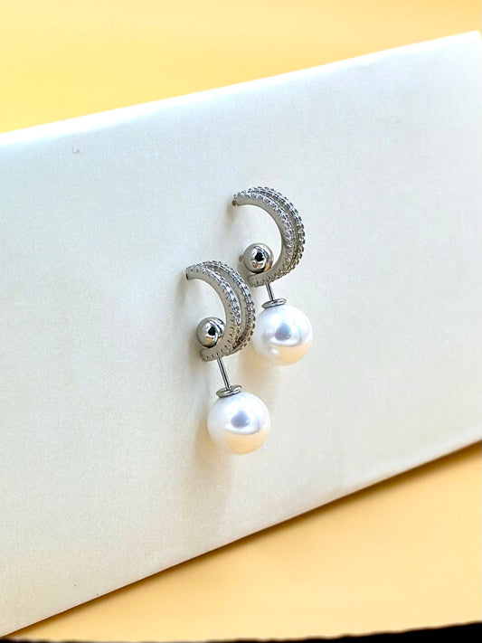Zircon studded, pearl hanging sterling silver studs