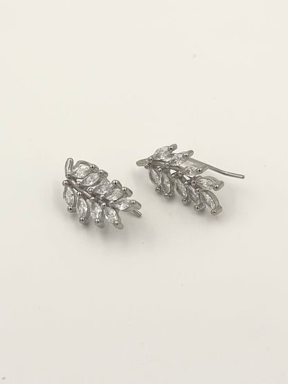 Sterling silver drop earrings in leaf shape, studded with zircon