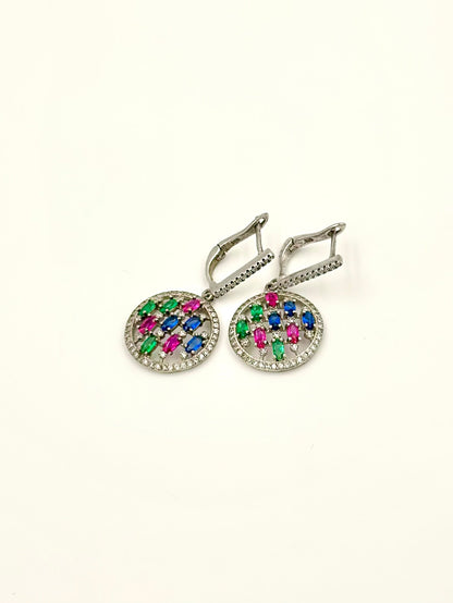 Multi-coloured stones and zircon studded sterling silver bali earrings 