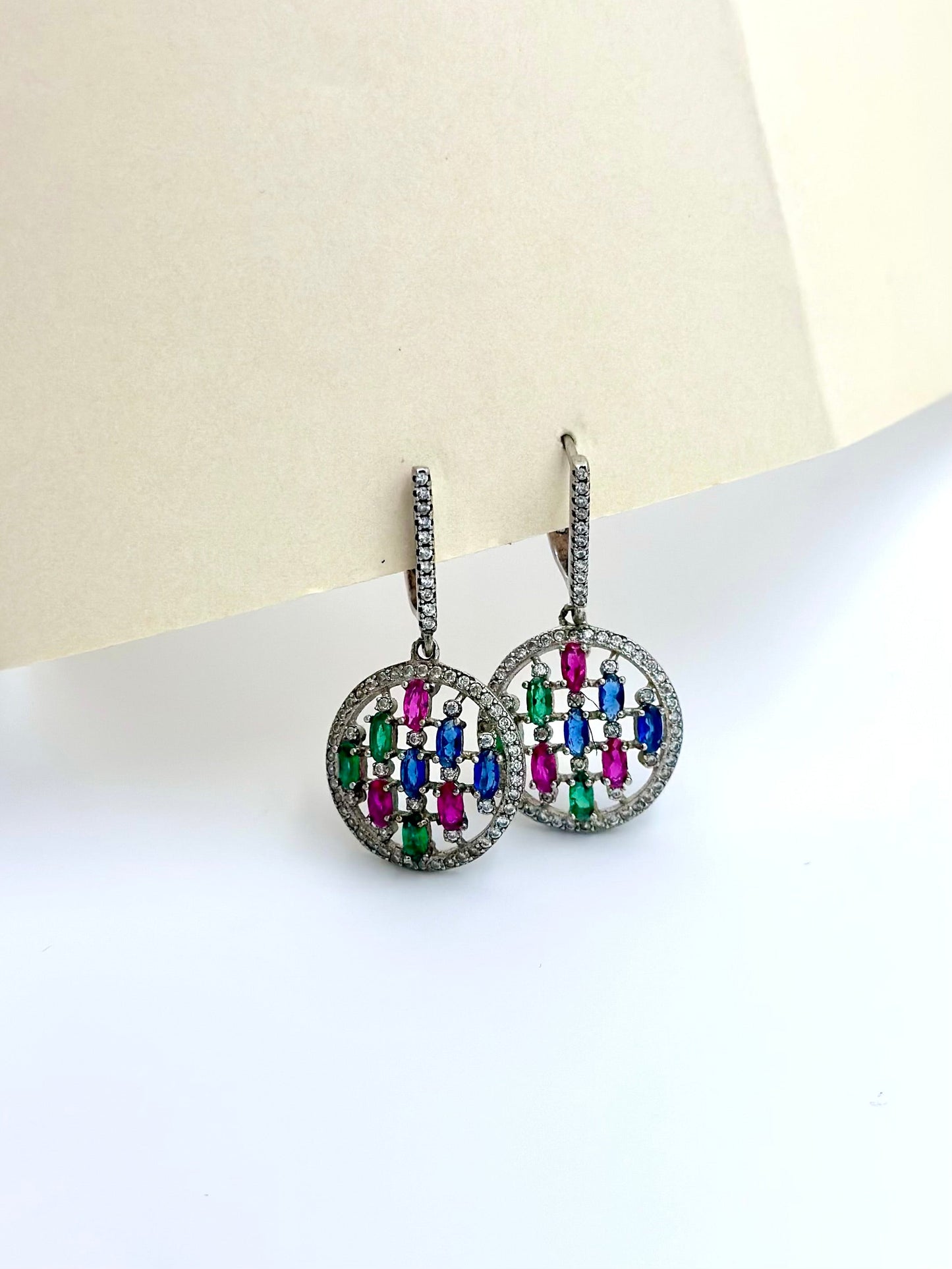 Multi-coloured stones and zircon studded sterling silver bali earrings 