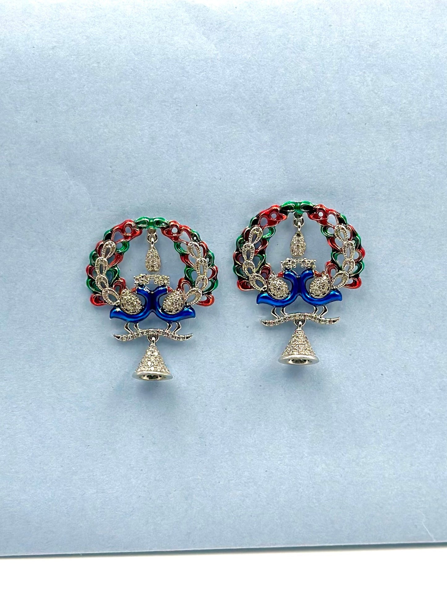 Multicoloured, Zircon, Silver peacock studs