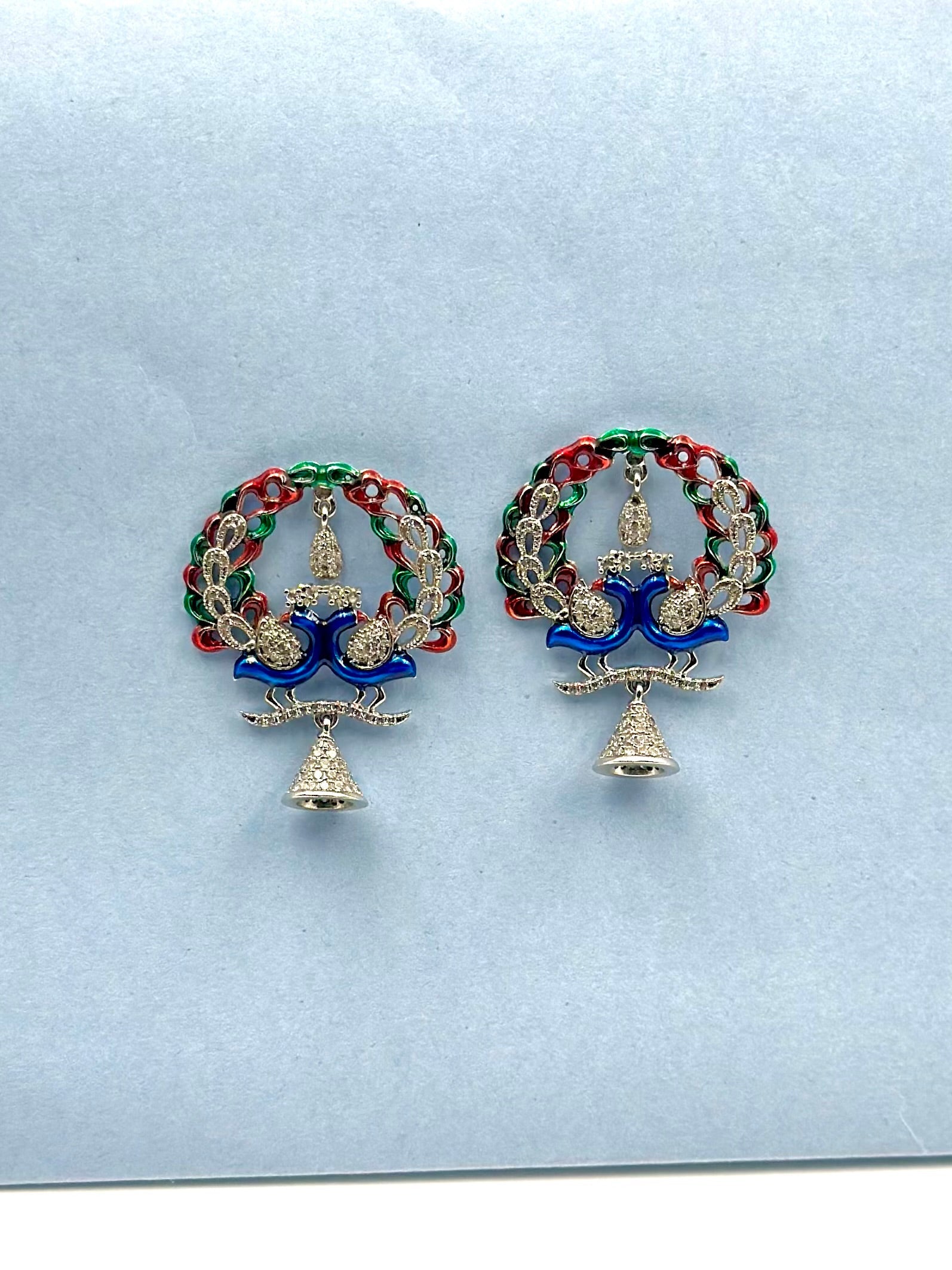 Multicoloured, Zircon, Silver peacock studs