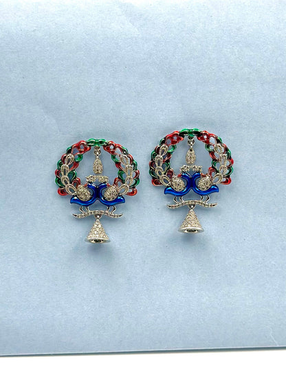 Multicoloured, Zircon, Silver peacock studs