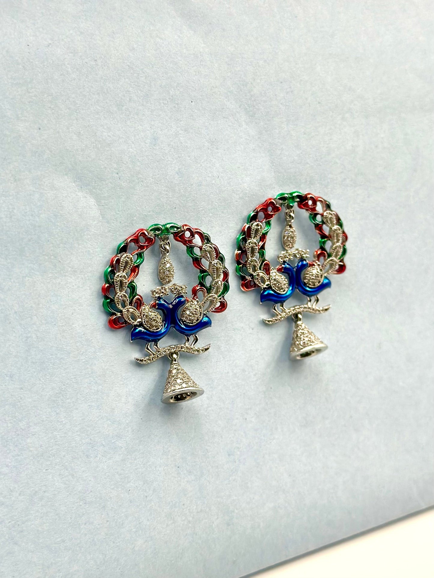 Multicoloured, Zircon, Silver peacock studs