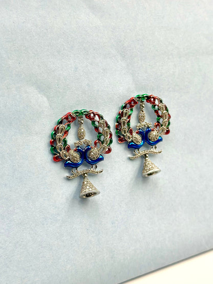 Multicoloured, Zircon, Silver peacock studs