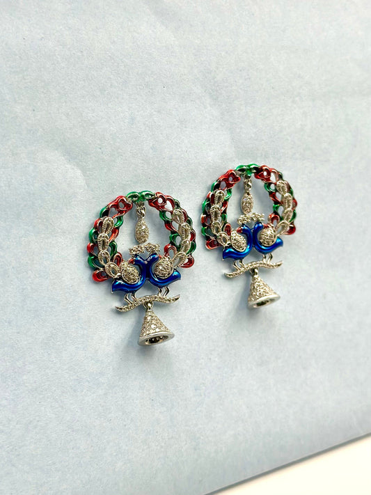 Multicoloured, Zircon, Silver peacock studs