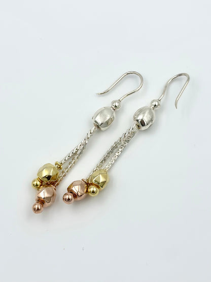 Silver, gold and rose gold mix coloured sterling silver drop earrings
