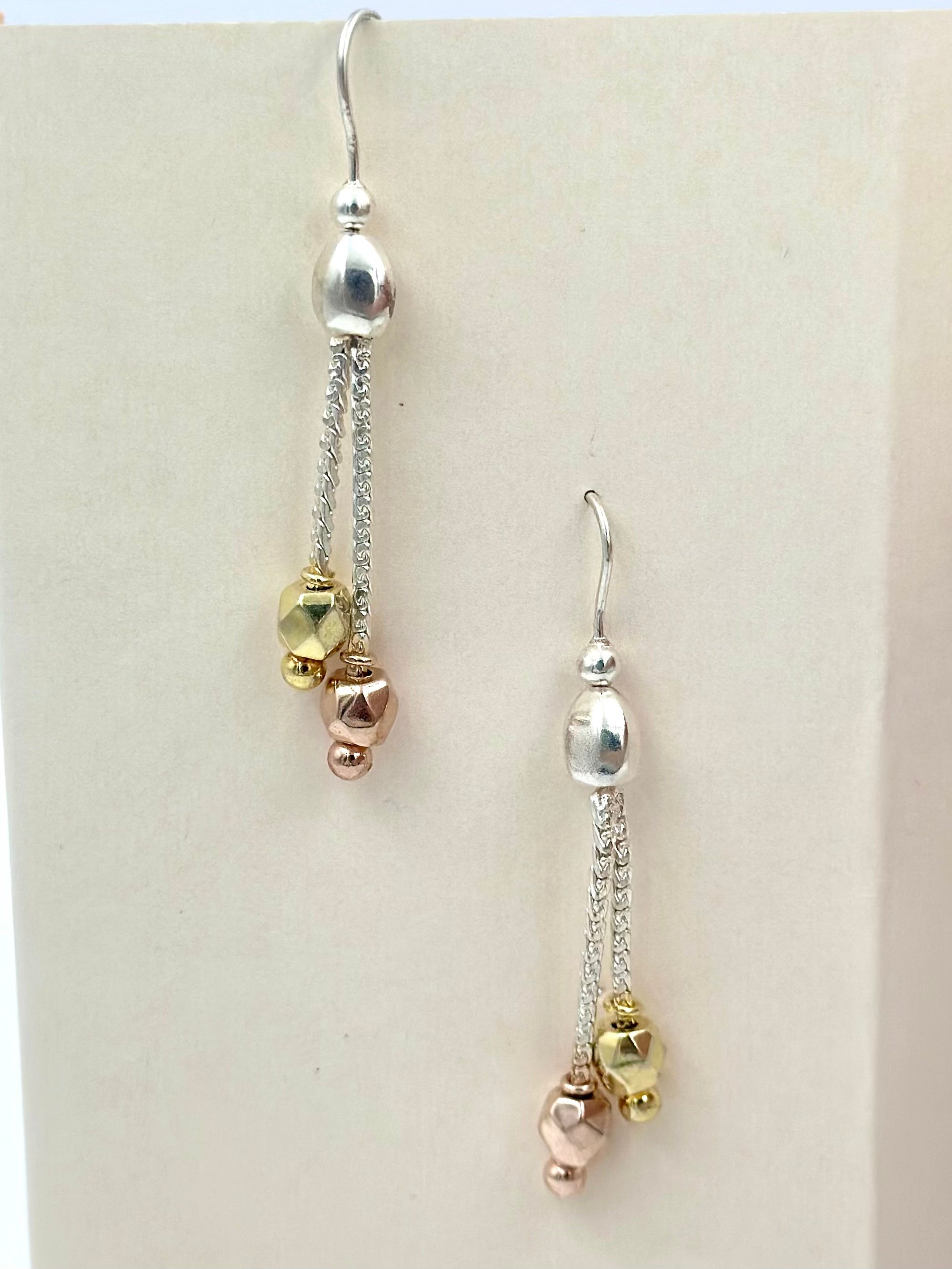 Silver, gold and rose gold mix coloured sterling silver drop earrings