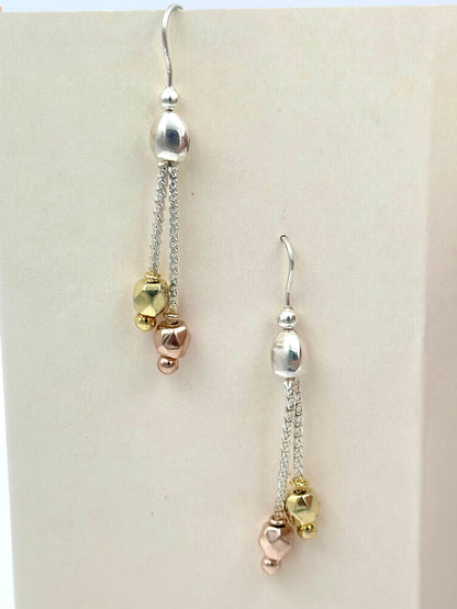 Silver, gold and rose gold mix coloured sterling silver drop earrings