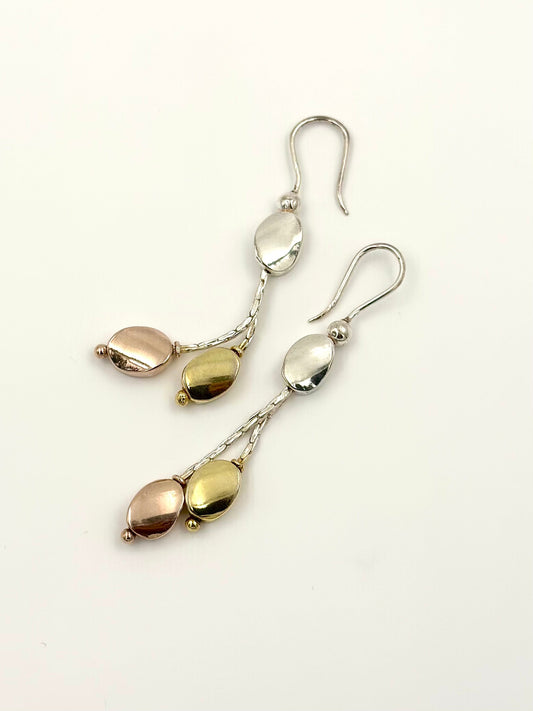 Silver, gold and rose gold mix coloured sterling silver drop earrings