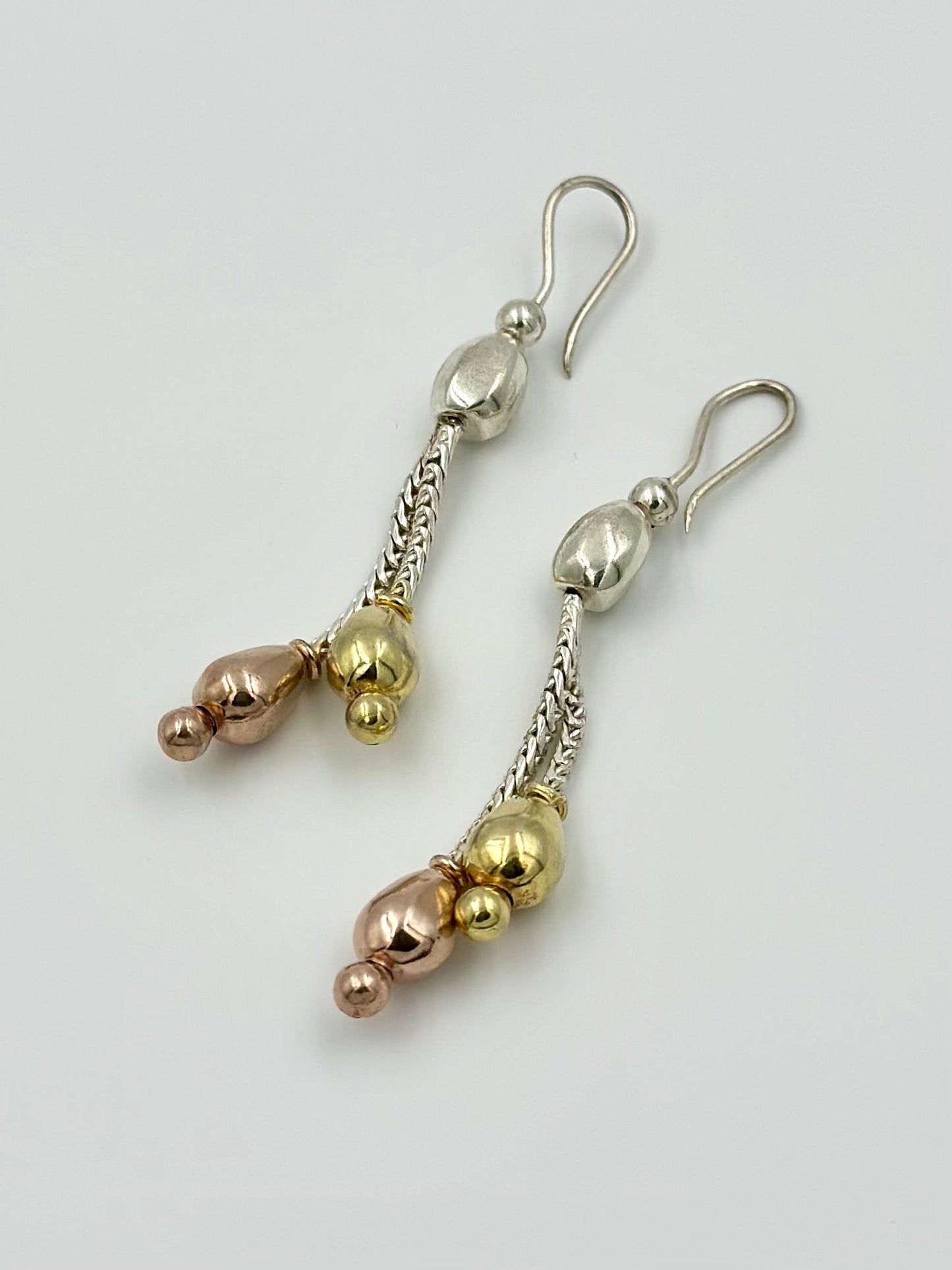 Silver, gold and rose gold mix coloured sterling silver drop earrings