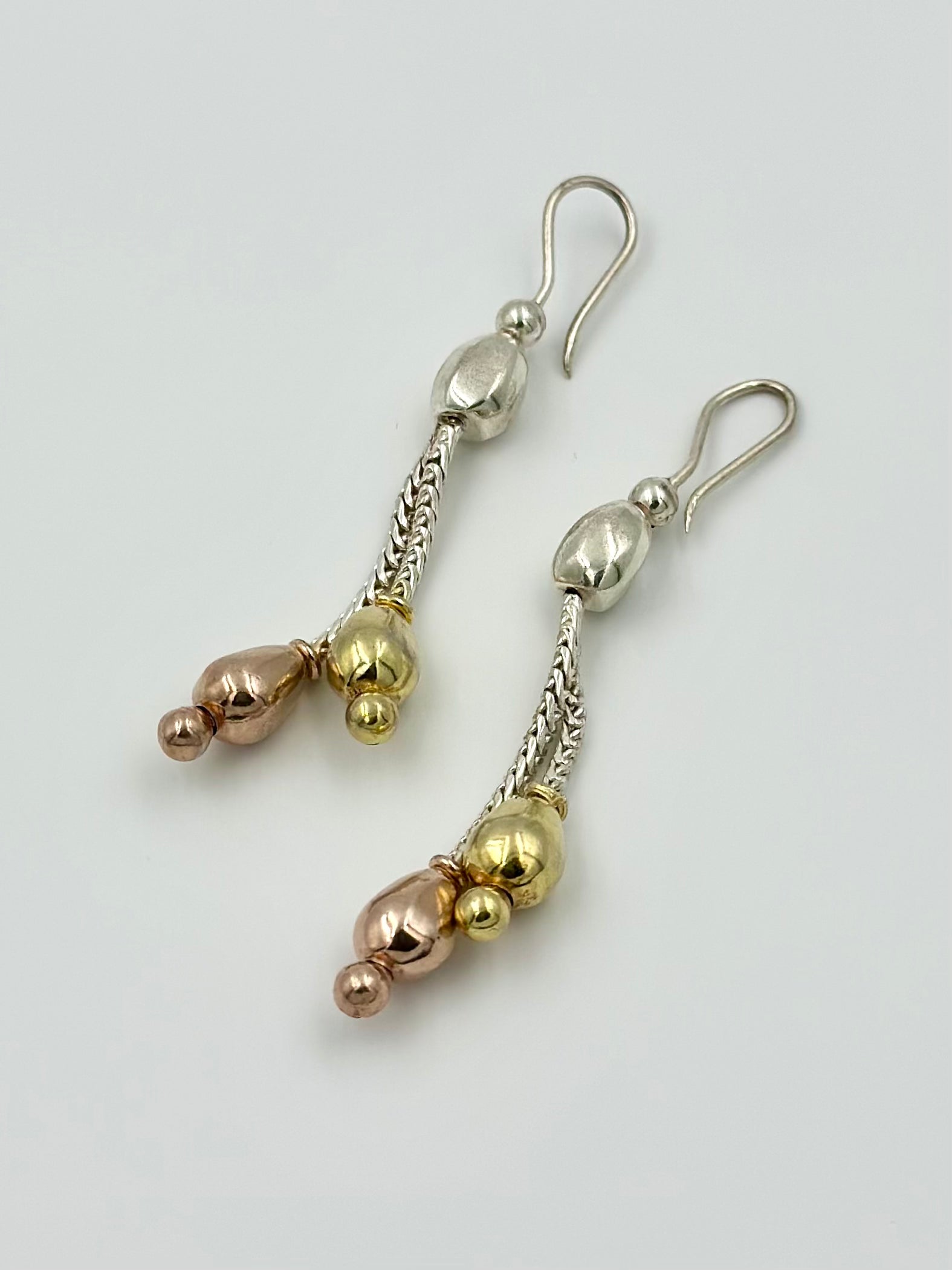 Silver, gold and rose gold mix coloured sterling silver drop earrings