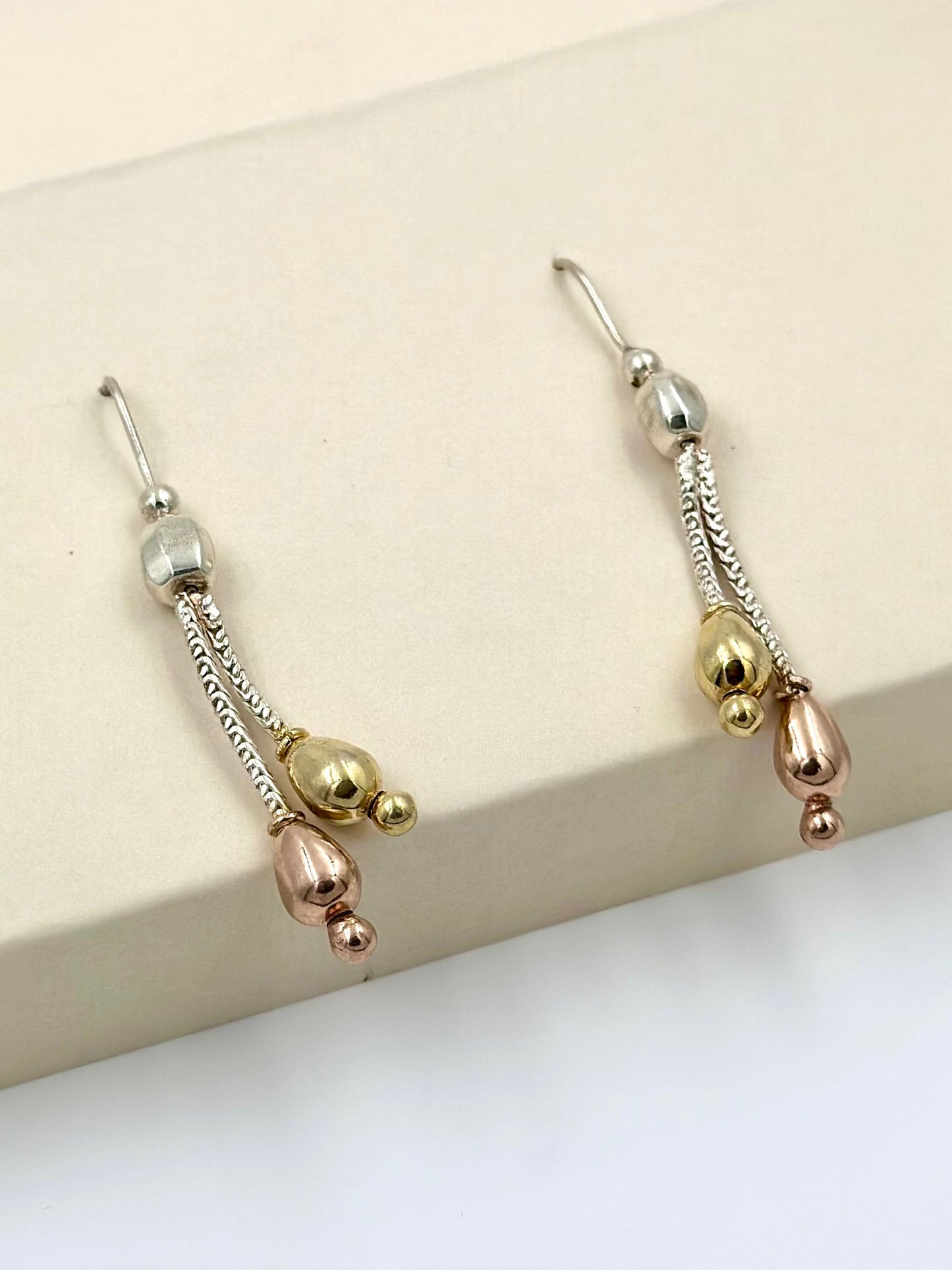 Silver, gold and rose gold mix coloured sterling silver drop earrings