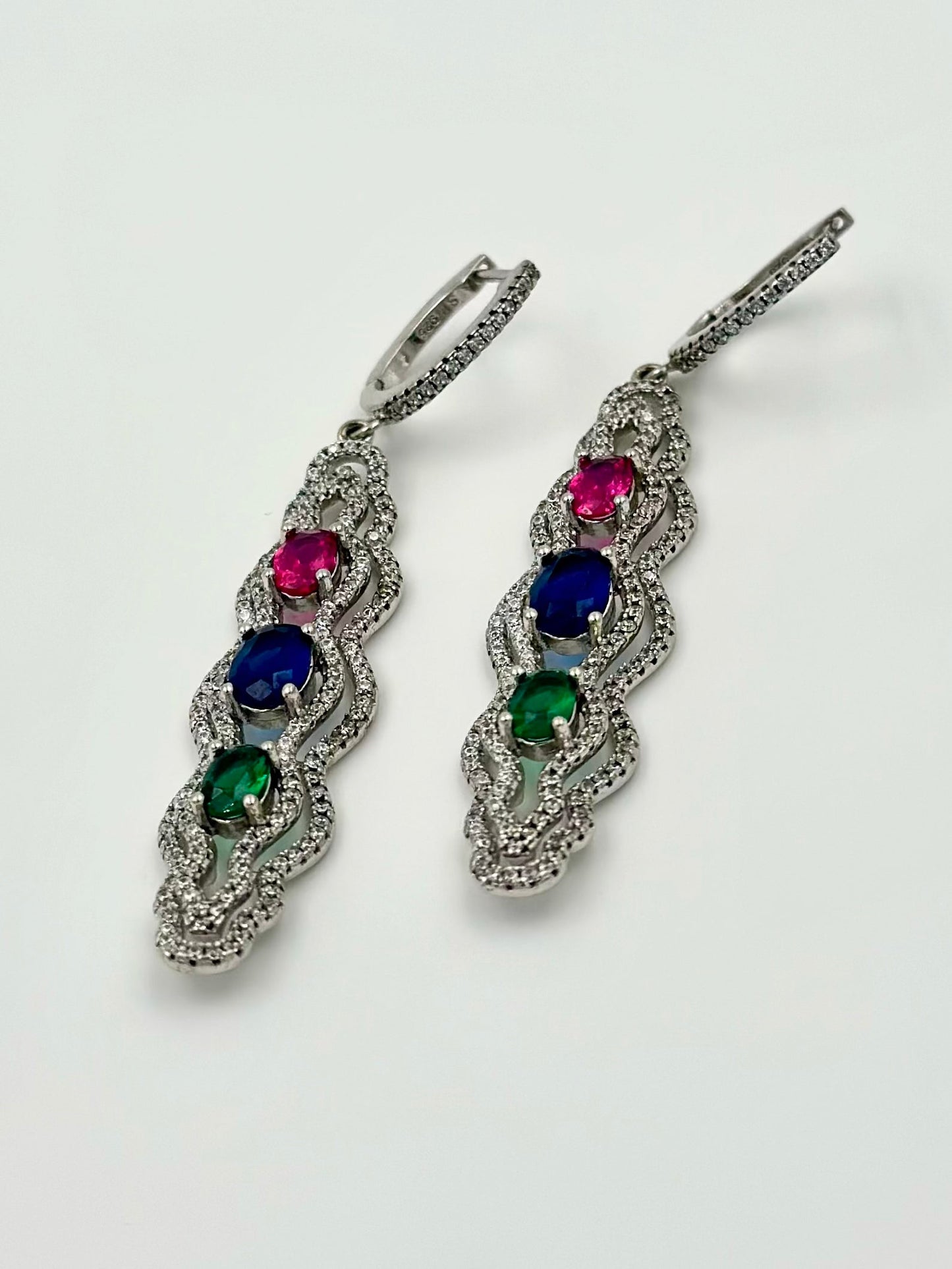 Zircon and fancy stones studded ripple statement danglers in sterling silver