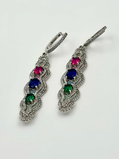 Zircon and fancy stones studded ripple statement danglers in sterling silver