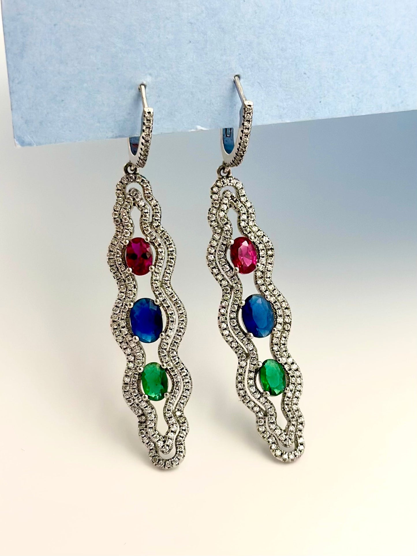 Zircon and fancy stones studded ripple statement danglers in sterling silver