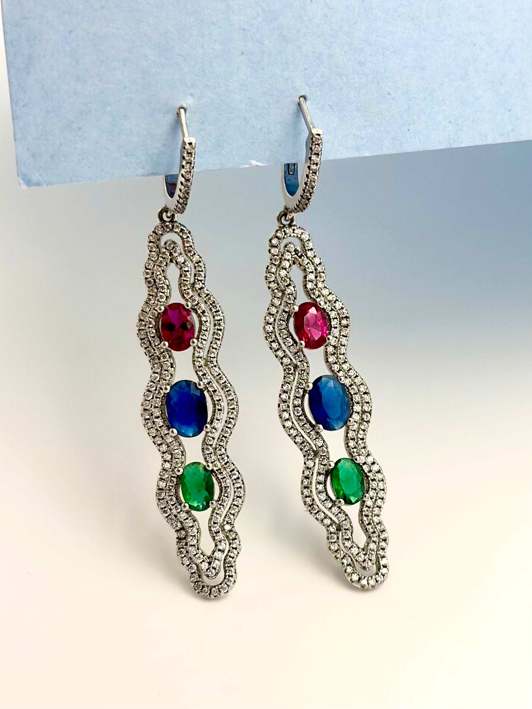 Zircon and fancy stones studded ripple statement danglers in sterling silver