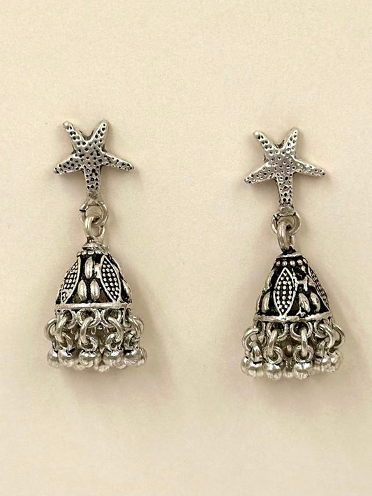 Starfish headed, oxidised sterling silver jhumkas with intricate detailing