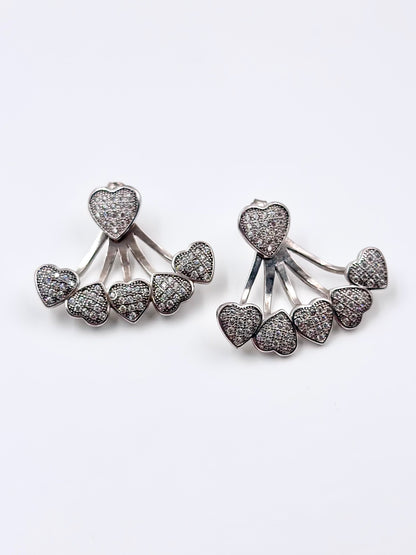 Zircon studded, transformable, hearts shaped, sterling silver danglers and studs