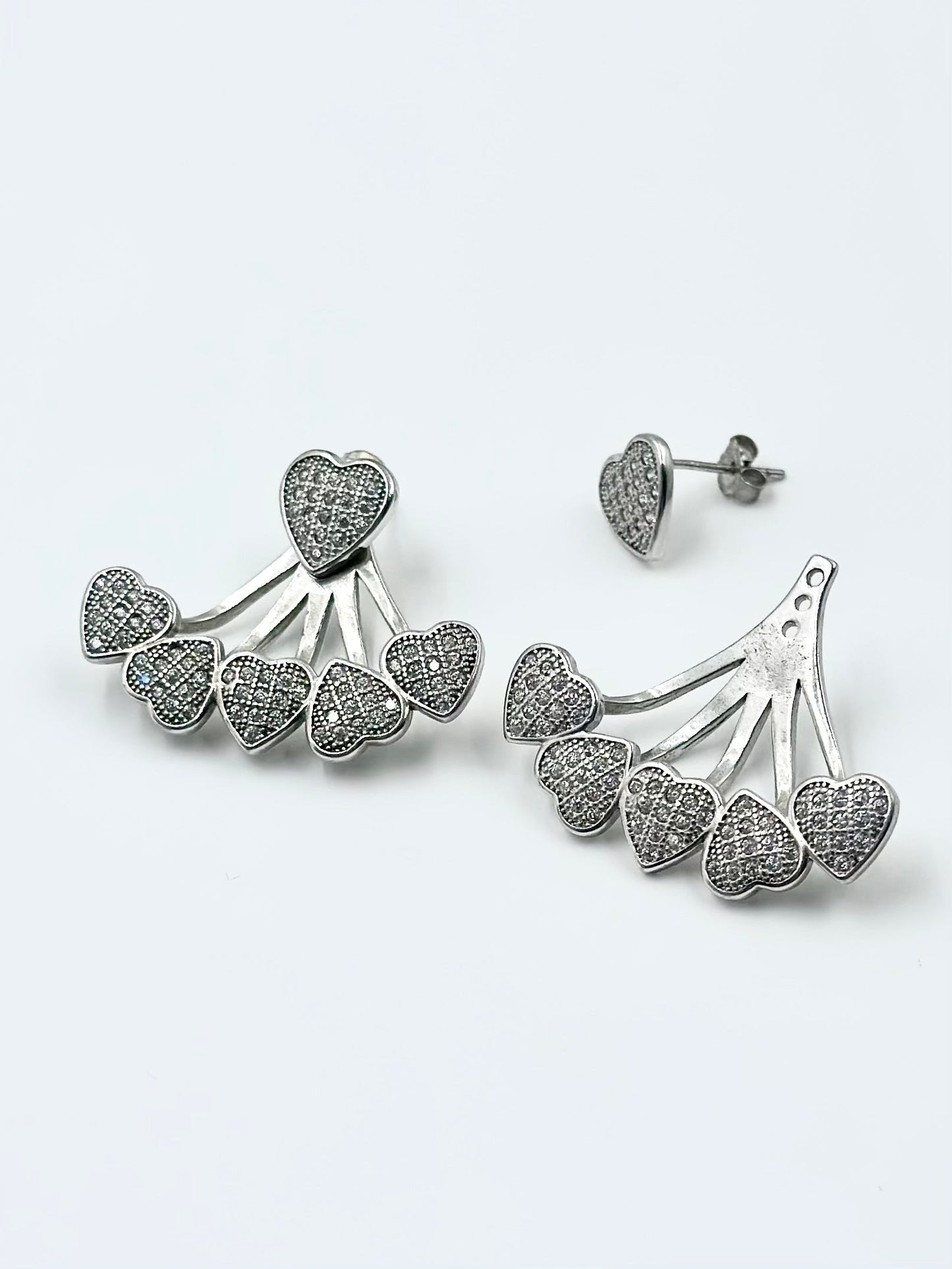 Zircon studded, transformable, hearts shaped, sterling silver danglers and studs