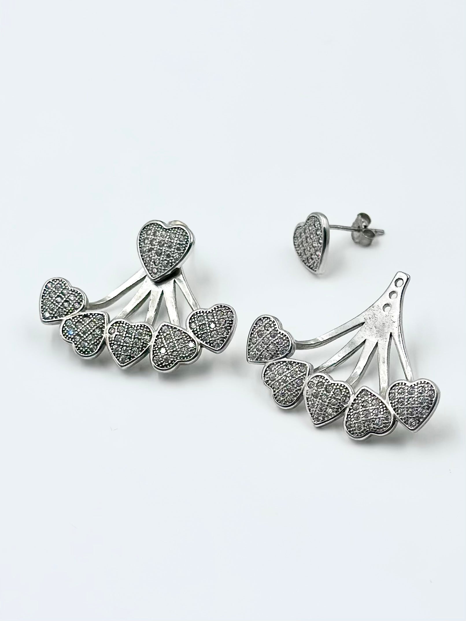 Zircon studded, transformable, hearts shaped, sterling silver danglers and studs