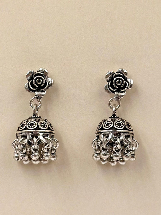 Rose shaped, oxidised sterling silver jhumkas with heartly patterns