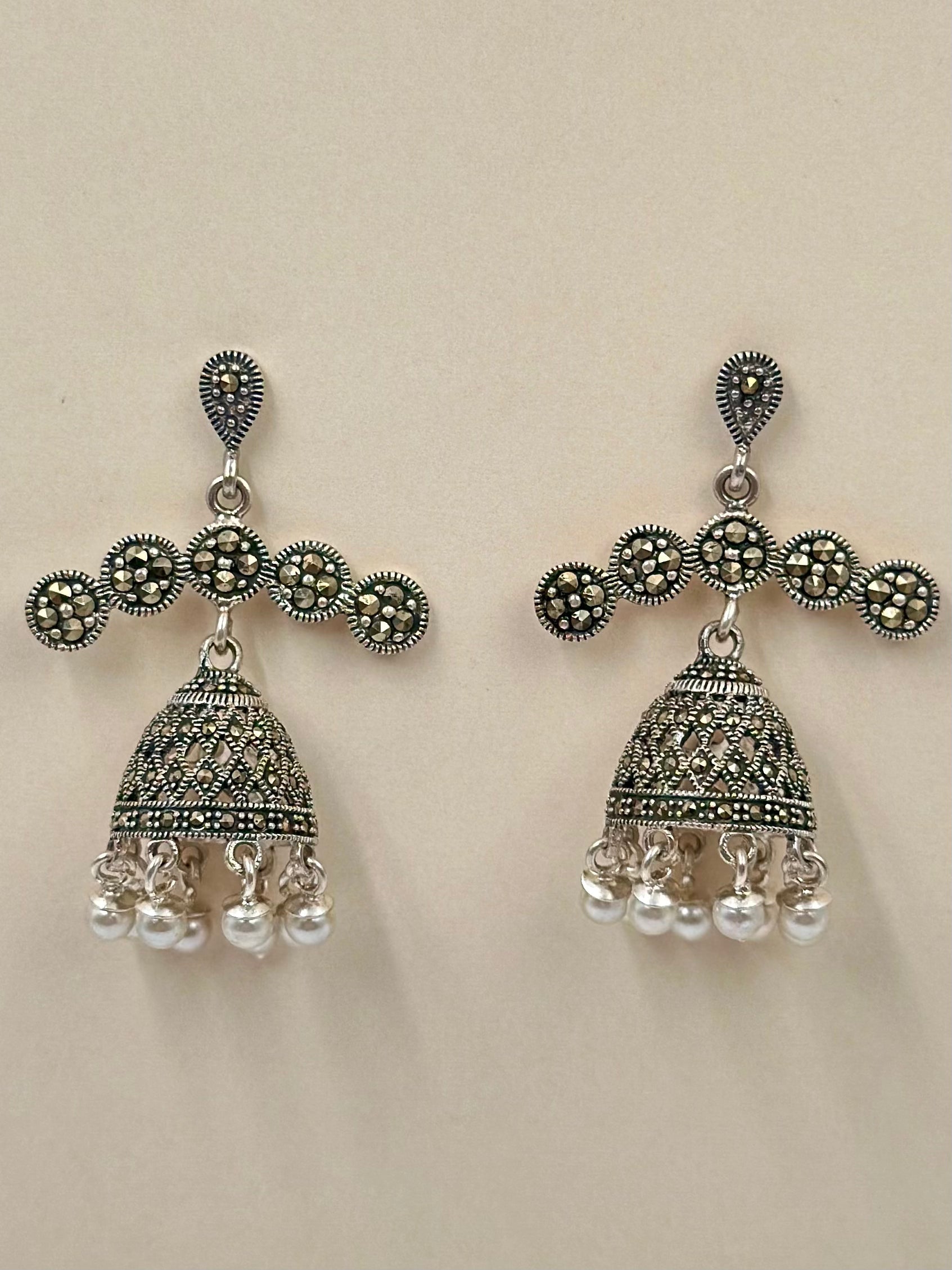 Golden stones studded, grain textured, oxidised, sterling silver jhumkas