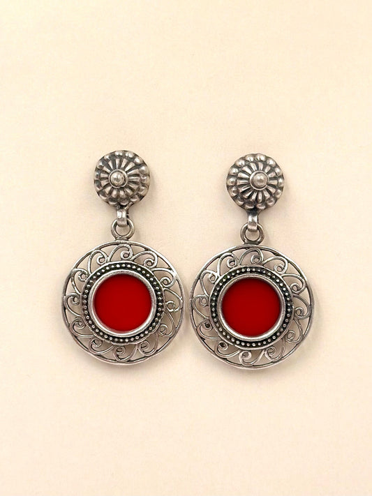 Deep red centred, oxidised, boho style sterling silver danglers
