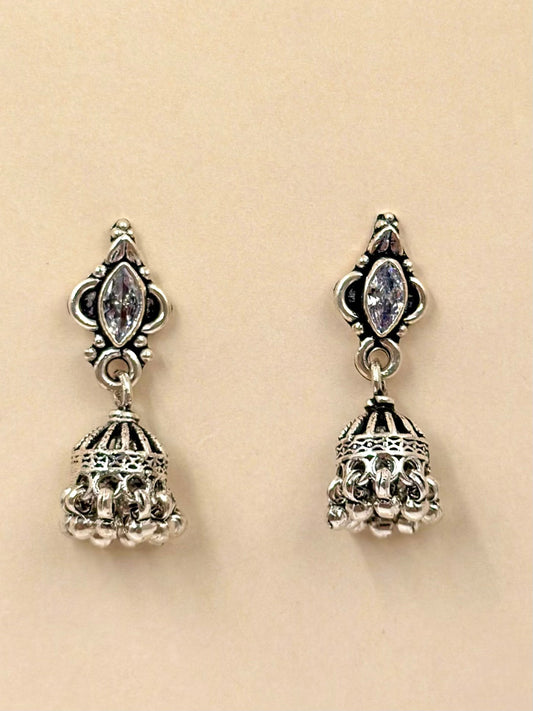 Marquise stone studded, oxodised, sterling silver jhumkas