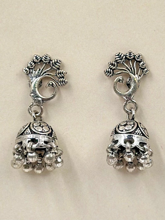 Peacock with leaf like feathers shaped, oxidised, sterling silver jhumkas