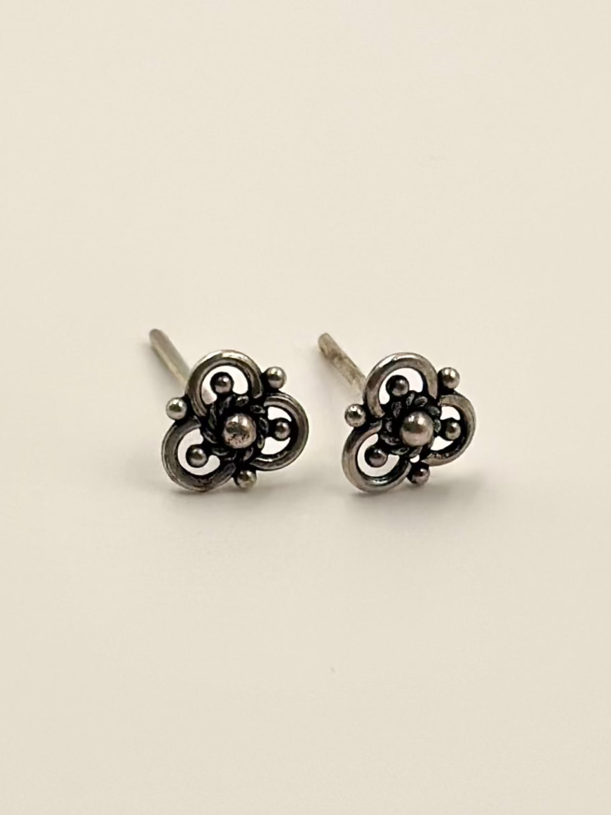 Oxidised, little lotus shaped, sterling silver studs