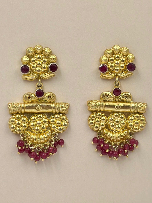 Gold plated, sterling silver danglers with red stone