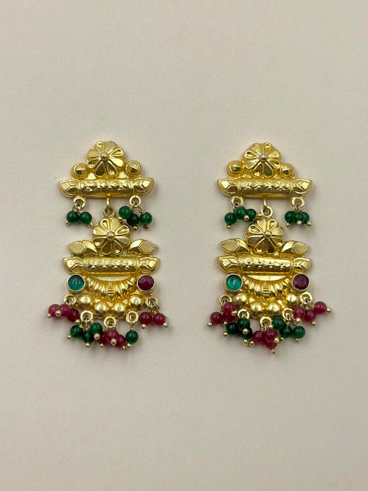 Gold plated, studded with green and red stones, sterling silver danglers