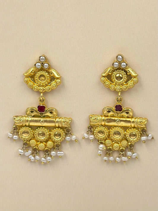 Gold plated, studded with pearls and a centre red stone, sterling silver danglers