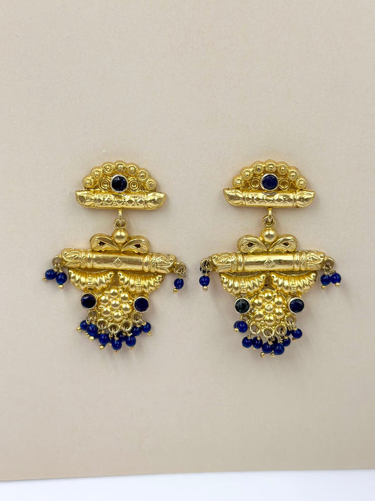 Gold plated, studded with blue stones, sterling silver danglers