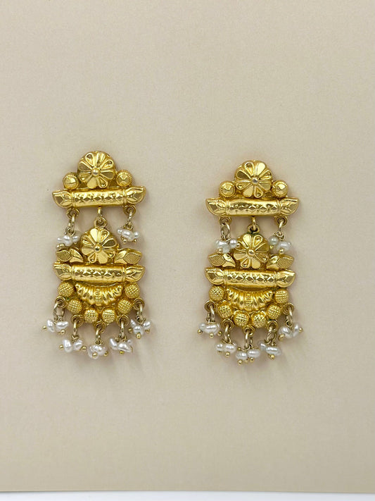 Gold plated, studded with pearls, sterling silver danglers
