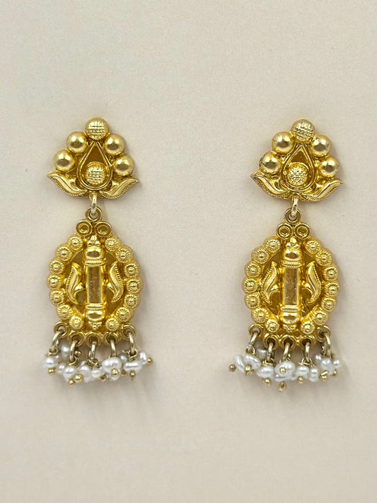 Gold plated, pearl studded, drop shaped sterling silver danglers