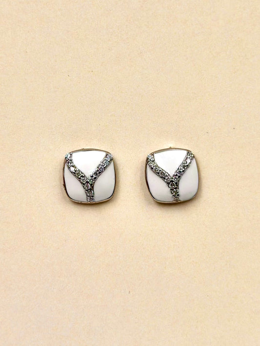 Enamel decorated, zircon studded, V sign studs in sterling silver