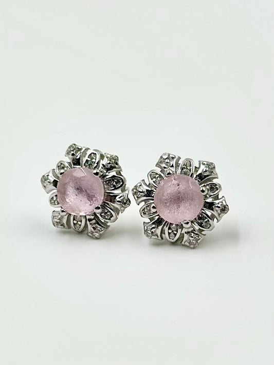 Zircon studded, flower shaped, sterling silver studs with pink jade stone