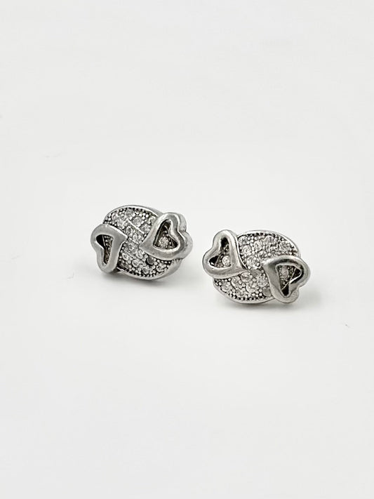 Zircon studded, hearts framed in oval, sterling silver studs