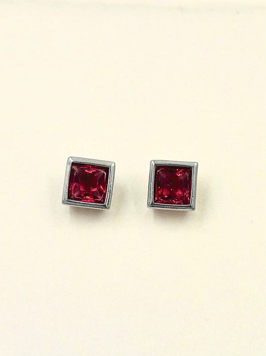 Red stone studded, square shaped, sterling silver studs