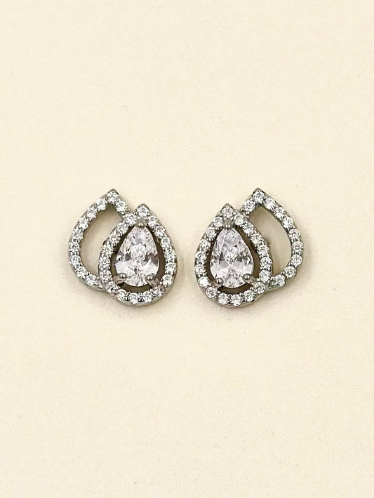 Zircon studded, double leaf shaped, sterling silver studs