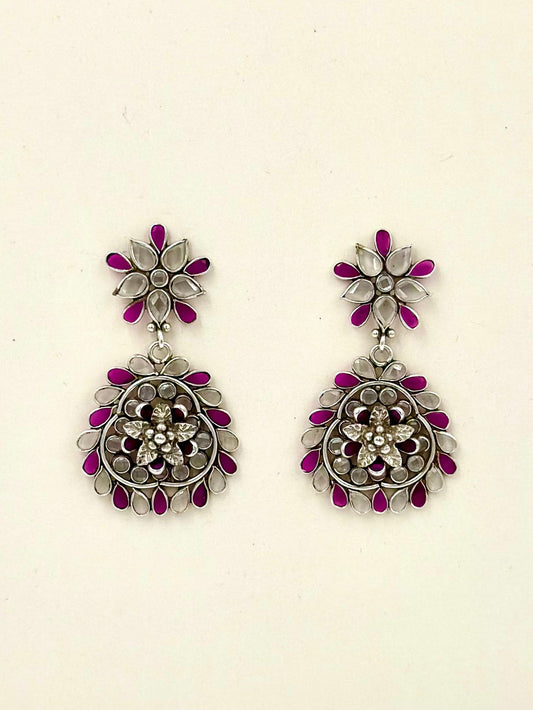 Pink stones, zircon studded, flower shaped sterling silver danglers