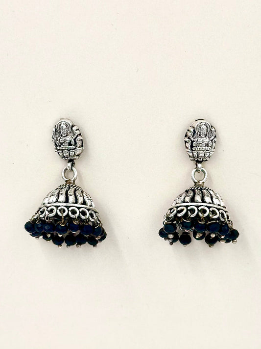 Temple themed, black stones studded oxidised sterling silver jhumkas