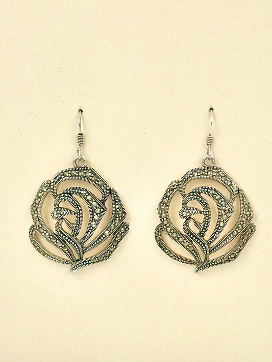 Zircon and gold stones studded, rose shaped sterling silver drop earrings