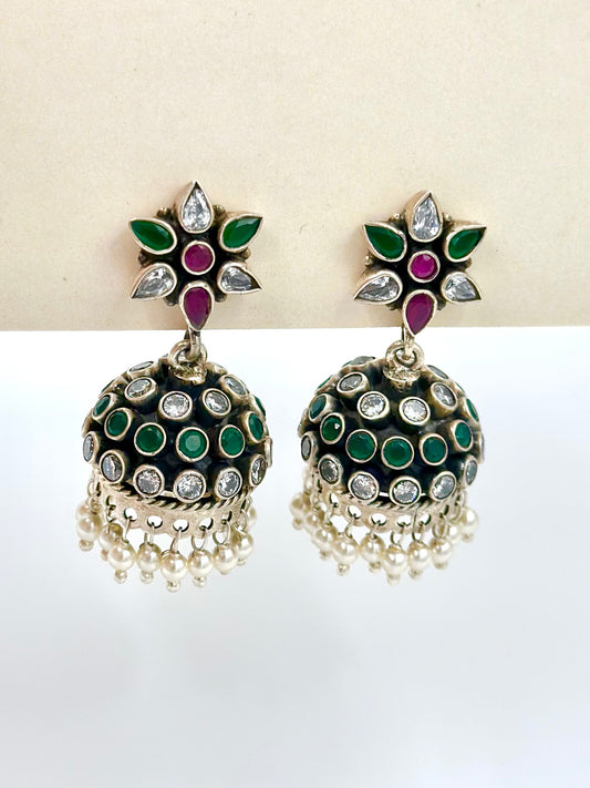 Colourful stones, zircon, pearls studded, flower dome shaped oxidised sterling silver jhumkas