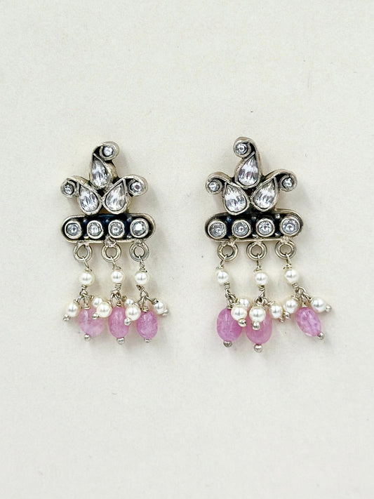 Fancy stones, pearls studded, oxidised sterling silver danglers