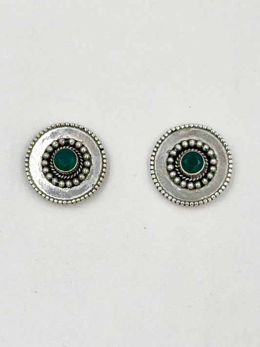 Emerald stone studded, sterling silver disc shaped, oxidised studs