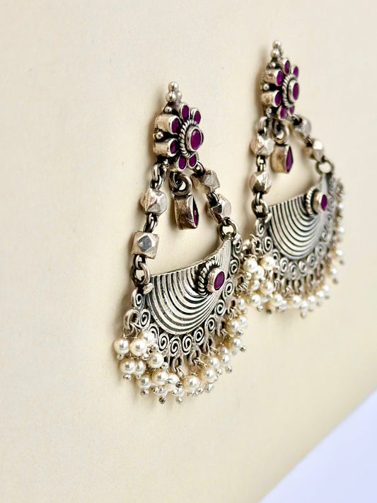 half disc shaped, fancy stones and pearls studded, oxidised sterling silver danglers